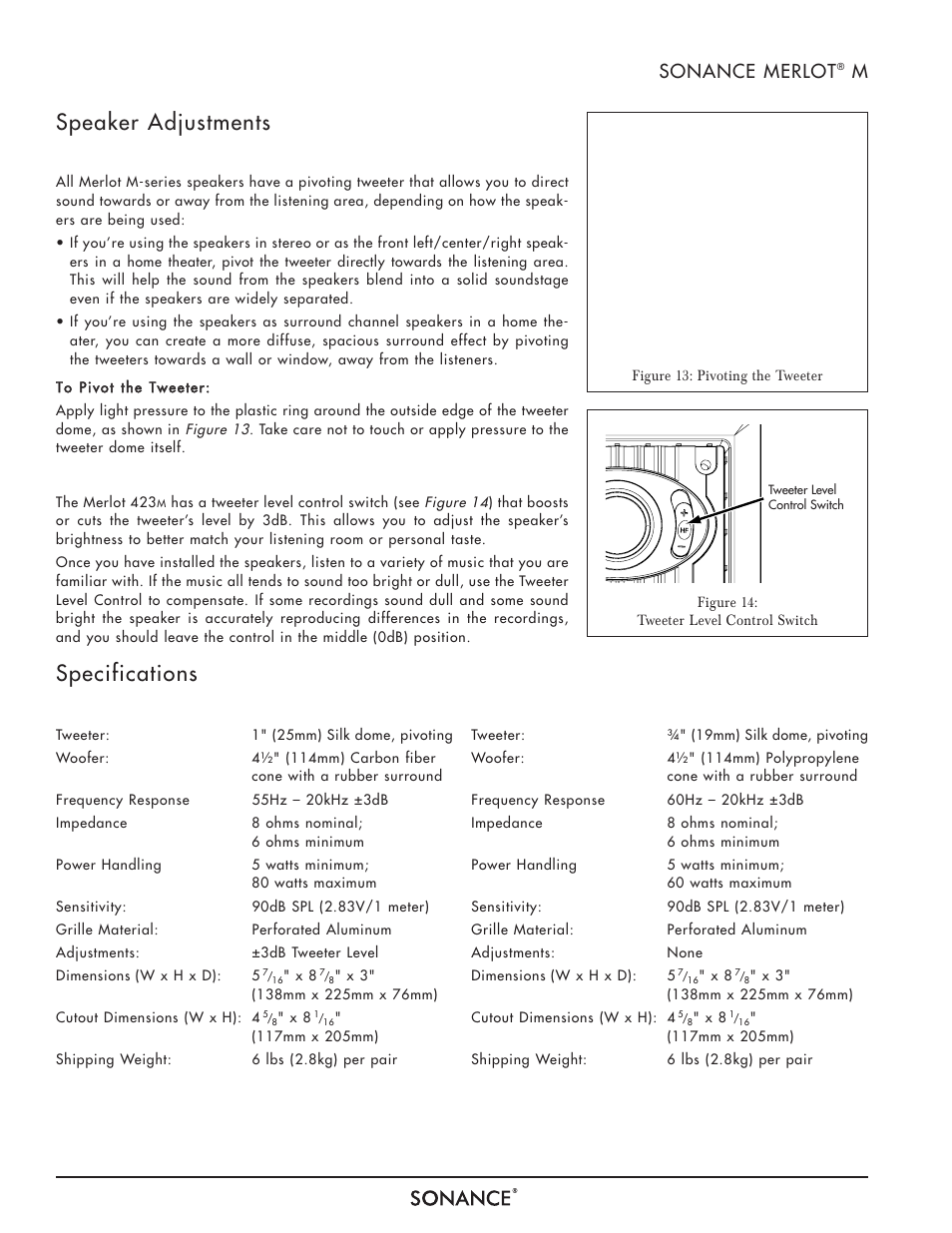 Speaker adjustments, Specifications, 8sonance merlot | Pivoting tweeter, Tweeter level control, Sonance merlot 423, Sonance merlot 422 | Sonance MERLOT M-SERIES User Manual | Page 8 / 12