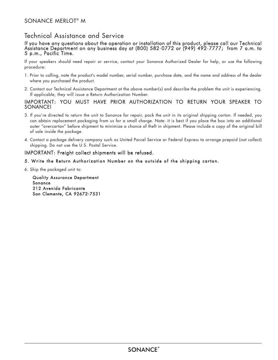 Technical assistance and service | Sonance MERLOT M-SERIES User Manual | Page 9 / 12