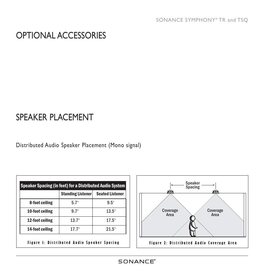 Optional accessories, Speaker placement, Distributed audio speaker placement (mono signal) | Sonance TR/TSQ User Manual | Page 4 / 16