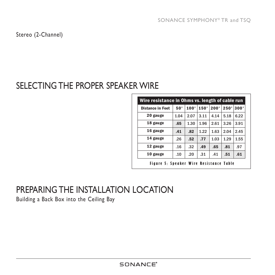 Selecting the proper speaker wire, Preparing the installation location, Stereo (2-channel) | Building a back box into the ceiling bay, 6sonance symphony, Tr and tsq | Sonance TR/TSQ User Manual | Page 6 / 16