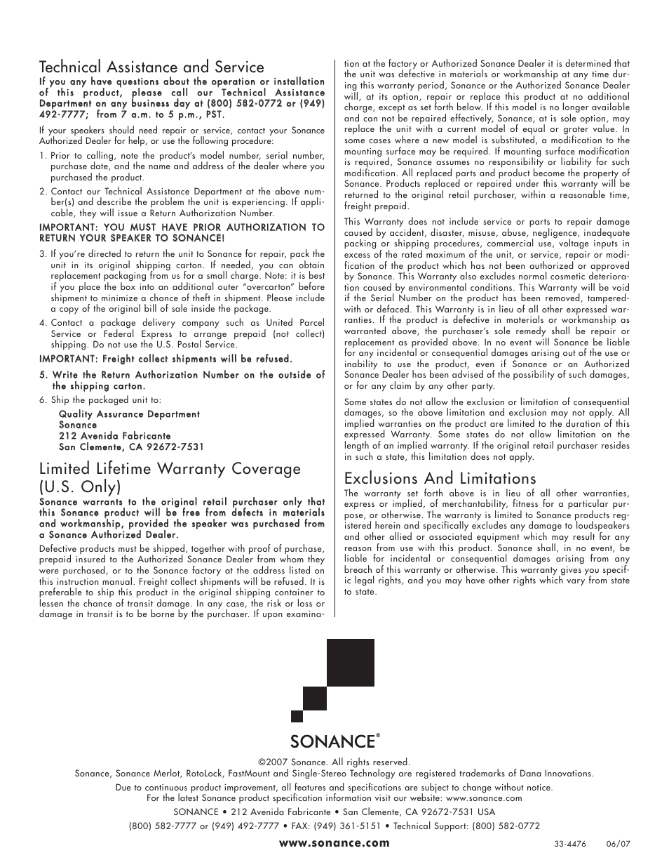 Technical assistance and service, Limited lifetime warranty coverage (u.s. only), Exclusions and limitations | Sonance 422MSQ User Manual | Page 4 / 4