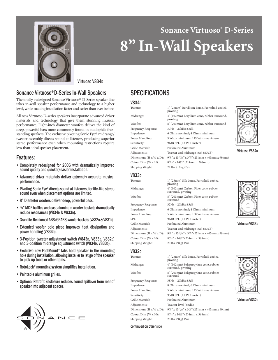 Sonance Virtuoso V834D User Manual | 2 pages