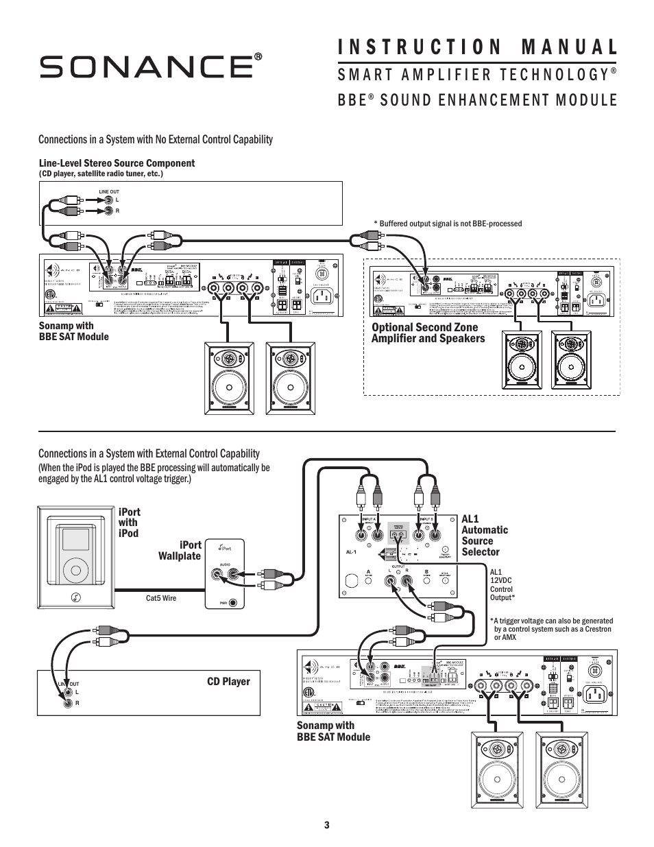 B b e, Optional second zone amplifier and speakers, Iport with ipod | Sonance BBE User Manual | Page 3 / 4