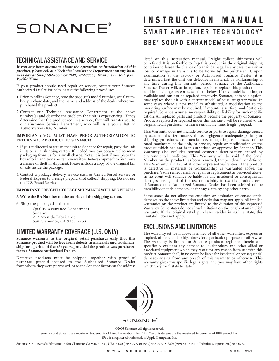B b e, Limited warranty coverage (u.s. only), Exclusions and limitations | Sonance BBE User Manual | Page 4 / 4