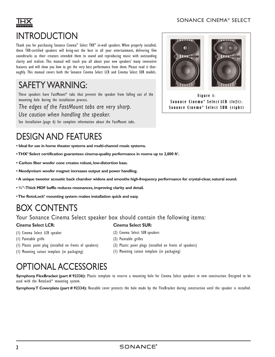 Introduction, Design and features, Box contents | Optional accessories, Safety warning | Sonance HOME THEATER SPEAKERS User Manual | Page 2 / 8