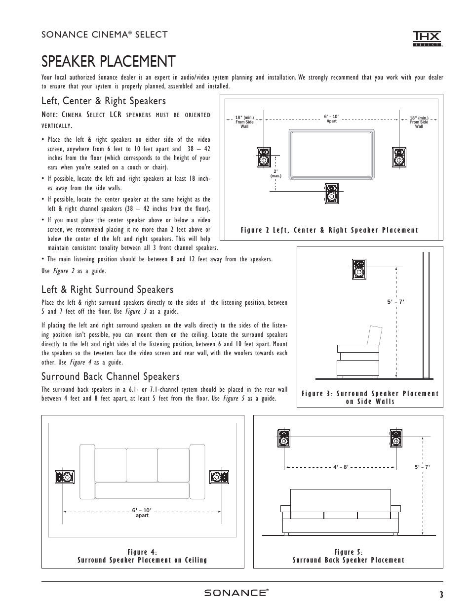 Speaker placement, Left, center & right speakers, Left & right surround speakers | Surround back channel speakers, 3sonance cinema, Select | Sonance HOME THEATER SPEAKERS User Manual | Page 3 / 8