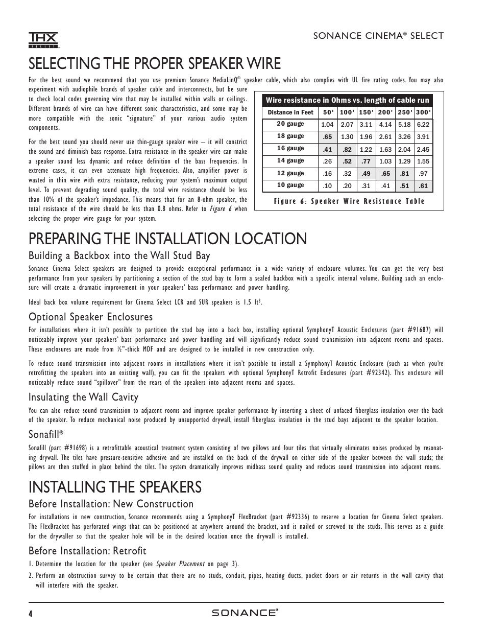 Selecting the proper speaker wire, Preparing the installation location, Installing the speakers | Building a backbox into the wall stud bay, Optional speaker enclosures, Insulating the wall cavity, Sonafill, Before installation: new construction, Before installation: retrofit | Sonance HOME THEATER SPEAKERS User Manual | Page 4 / 8
