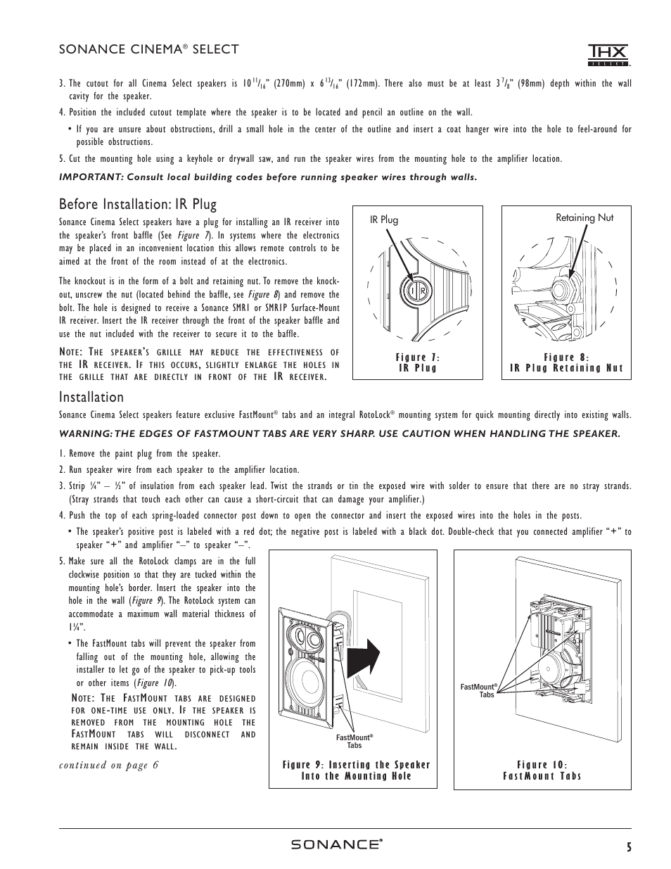 Before installation: ir plug, Installation, 5sonance cinema | Select | Sonance HOME THEATER SPEAKERS User Manual | Page 5 / 8