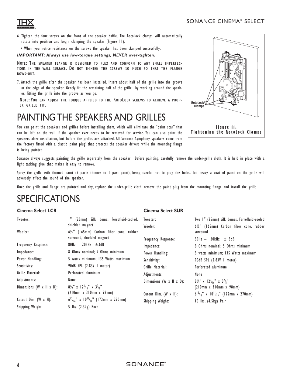 Painting the speakers and grilles, Specifications, 6sonance cinema | Select | Sonance HOME THEATER SPEAKERS User Manual | Page 6 / 8
