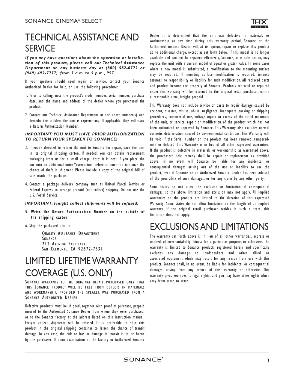 Technical assistance and service, Limited lifetime warranty coverage (u.s. only), Exclusions and limitations | Sonance HOME THEATER SPEAKERS User Manual | Page 7 / 8