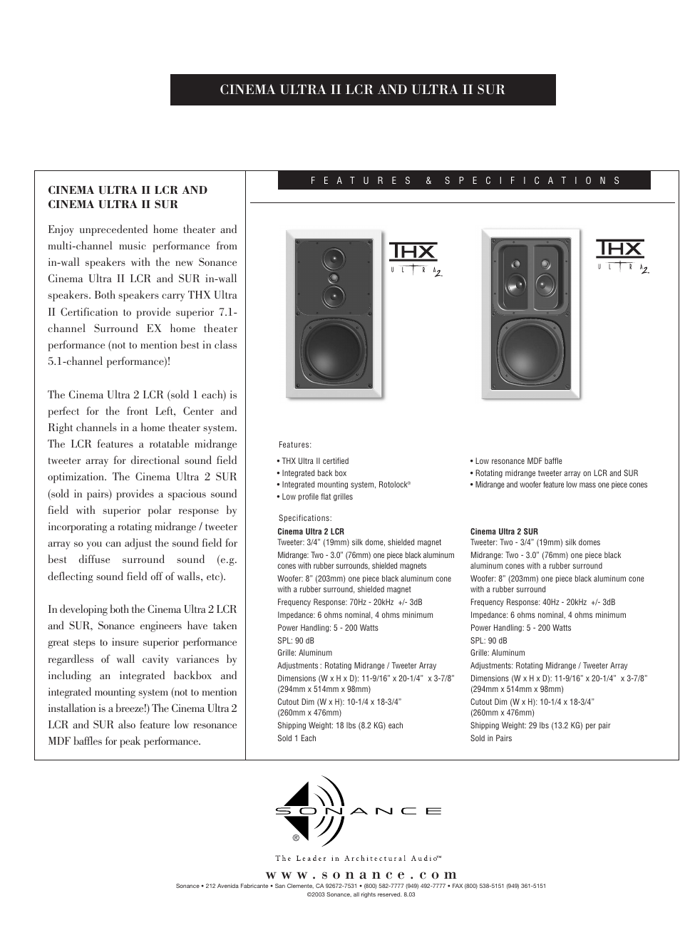 Sonance Cinema Ultra II THX Series User Manual | 1 page