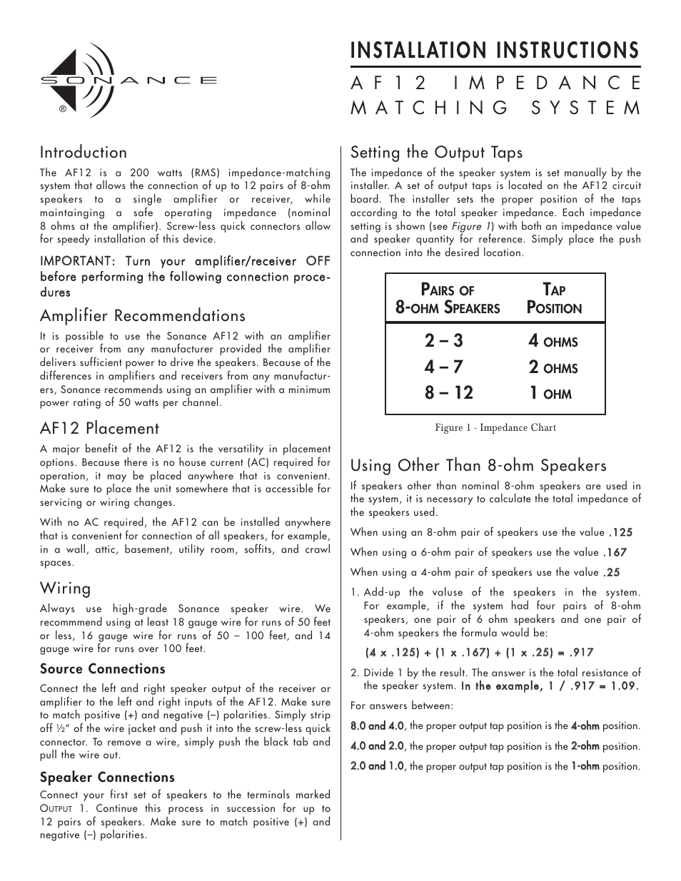Sonance Impedance Matching System AF12 User Manual | 2 pages