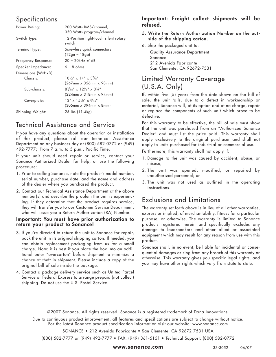 Specifications, Technical assistance and service, Limited warranty coverage (u.s.a. only) | Exclusions and limitations | Sonance Impedance Matching System AF12 User Manual | Page 2 / 2