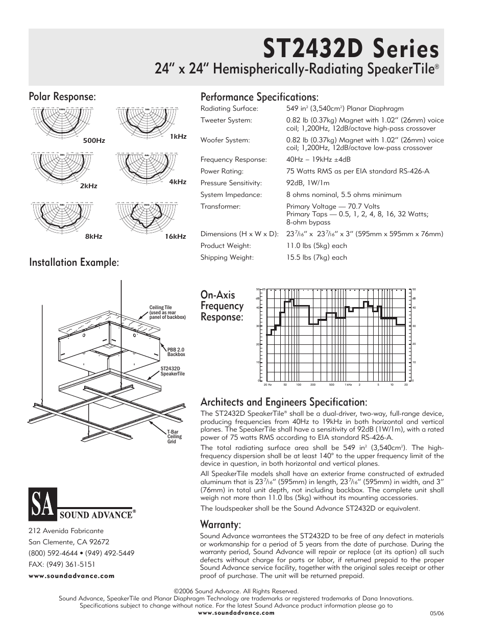 St2432d series, 24” x 24” hemispherically-radiating speakertile, Performance specifications | Architects and engineers specification, Polar response, Warranty, Installation example: on-axis frequency response, Radiating surface: 549 in, 3,540cm, X 23 | Sonance ST2432D Series User Manual | Page 2 / 2