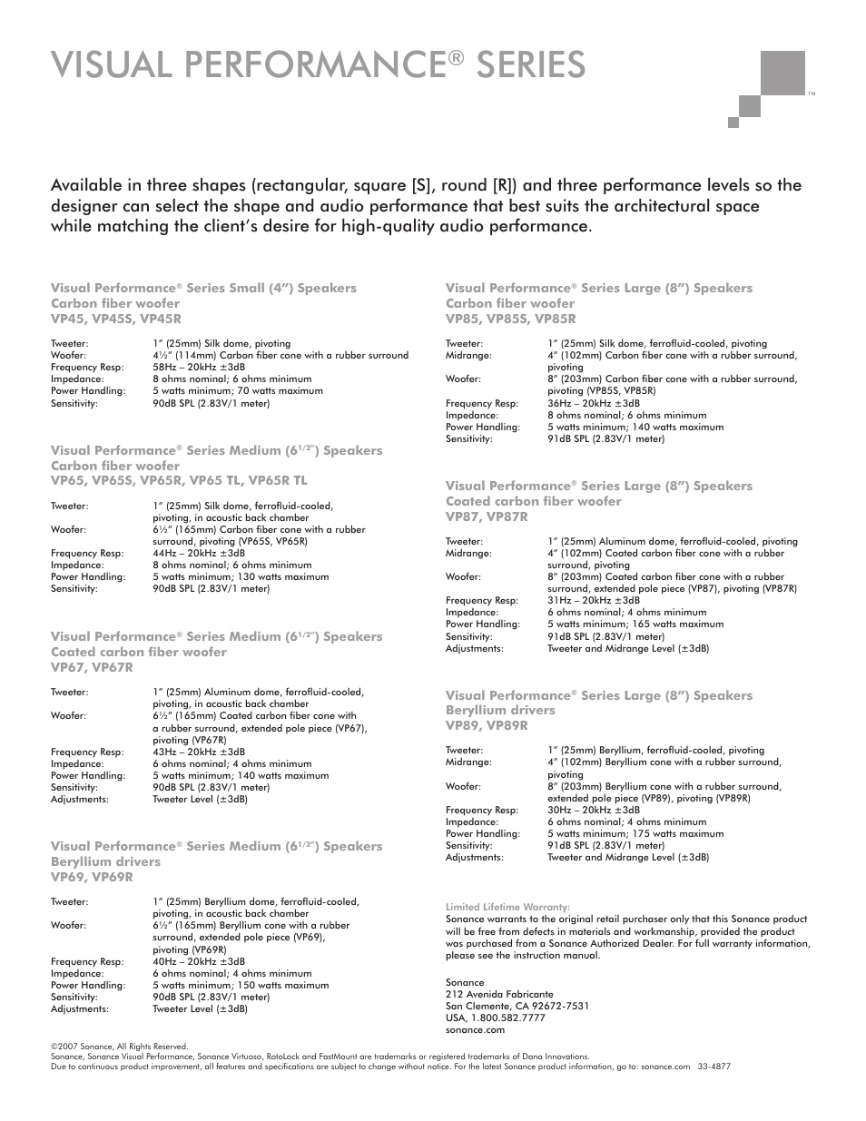 Visual performance, Series | Sonance Visual Performance VP69 User Manual | Page 2 / 2