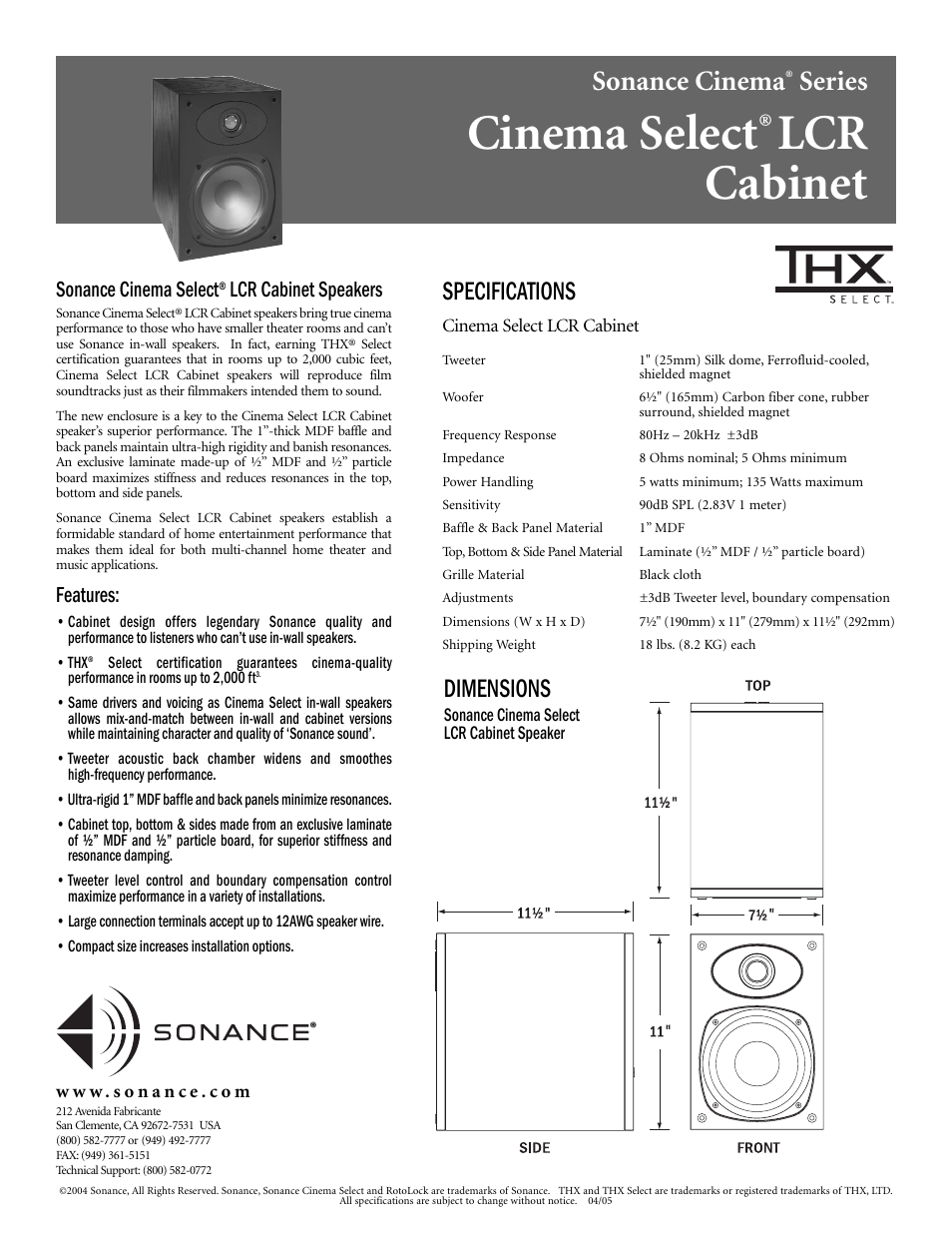 Sonance LCR Speaker User Manual | 1 page