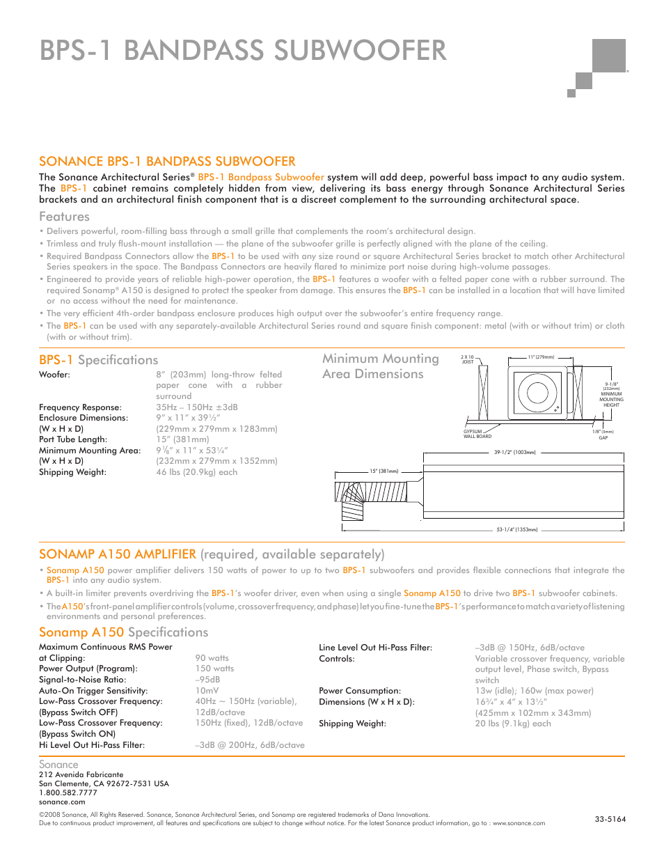 Bps-1 bandpass subwoofer, Bps-1 specifi cations, Sonance bps-1 bandpass subwoofer | Features, Sonamp a150 specifi cations, Minimum mounting area dimensions | Sonance Bandpass Subwoofer BPS-1 User Manual | Page 2 / 2