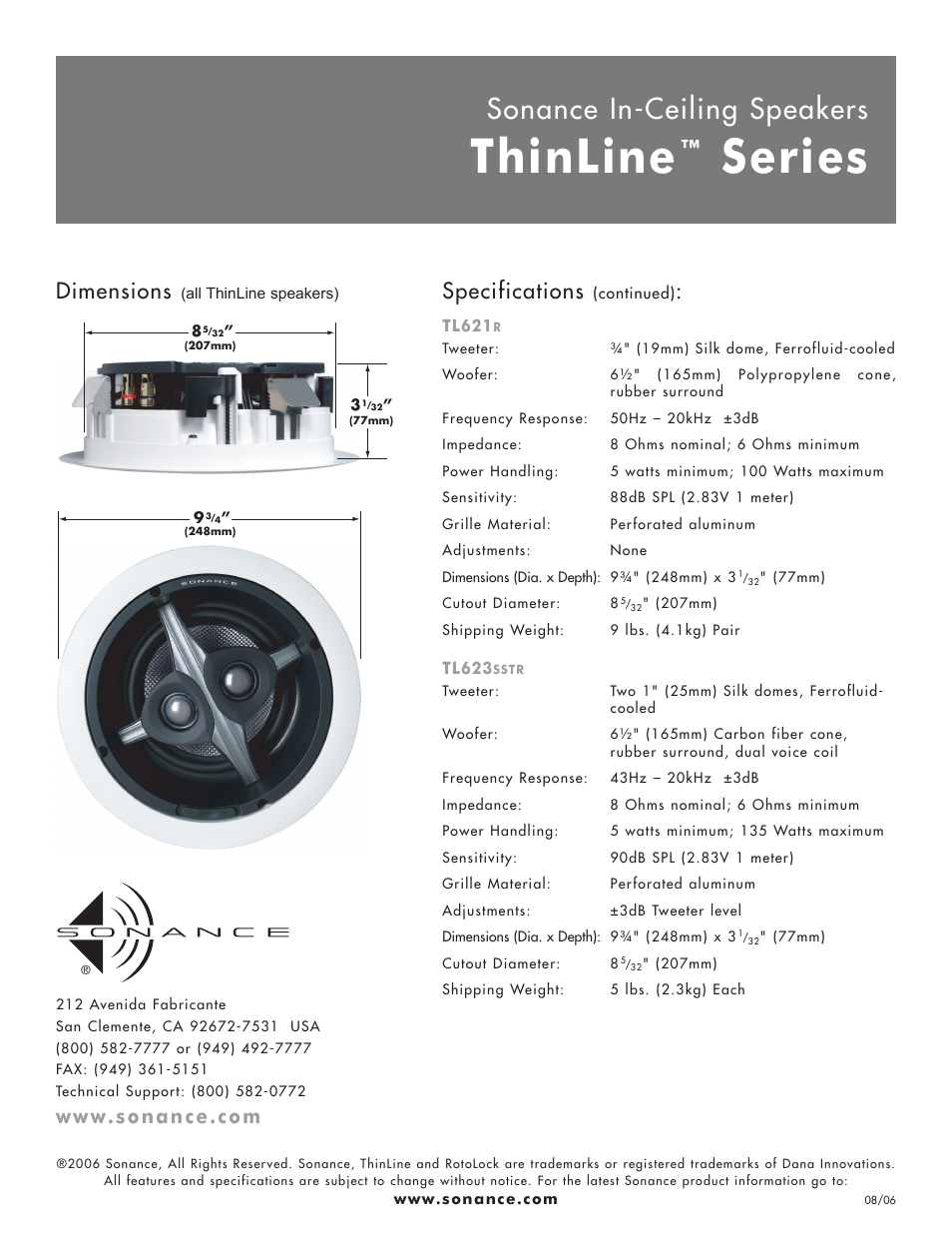 Thinline, Series, Sonance in-ceiling speakers | Specifications, Dimensions | Sonance TL622R User Manual | Page 2 / 2