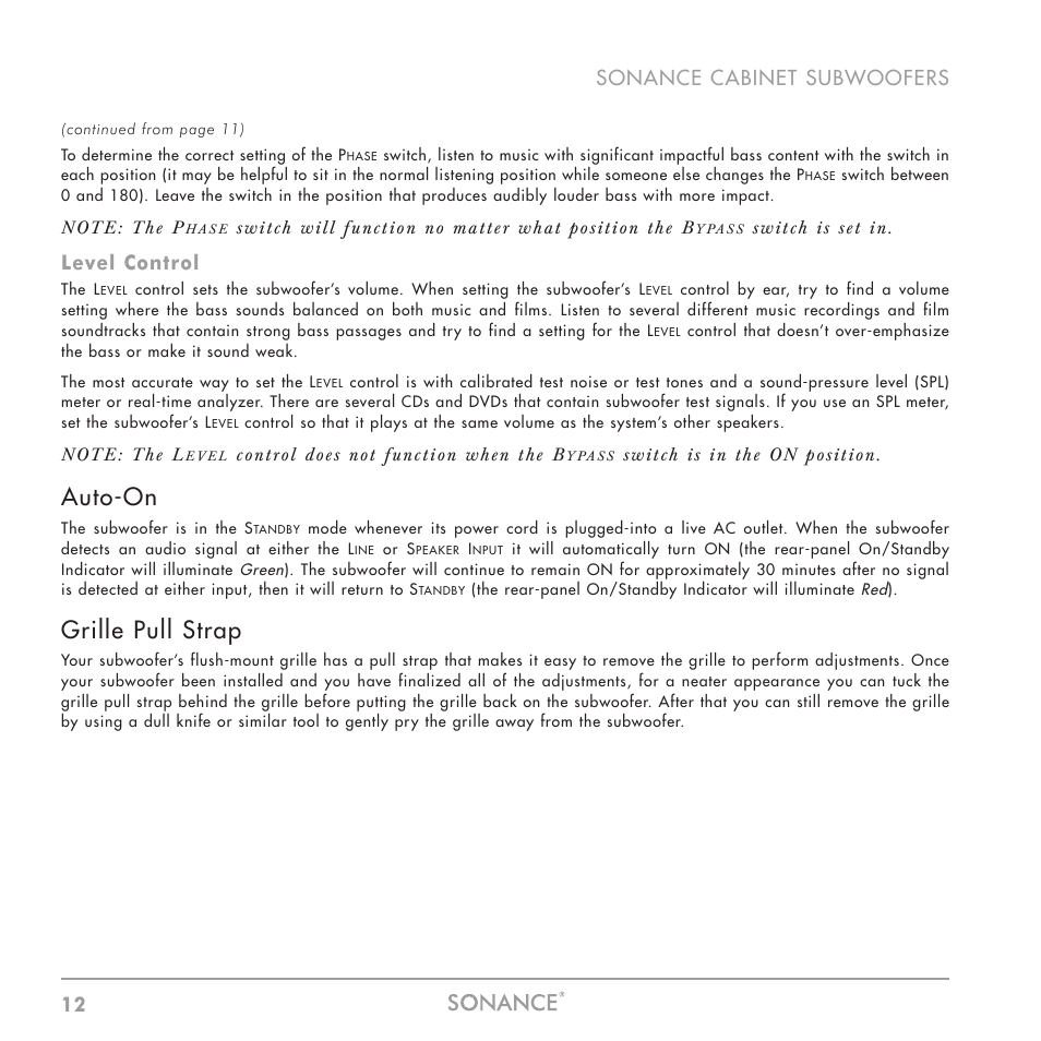 Auto-on, Grille pull strap, 12 sonance cabinet subwoofers | Level control | Sonance Sub 12-250 User Manual | Page 12 / 20