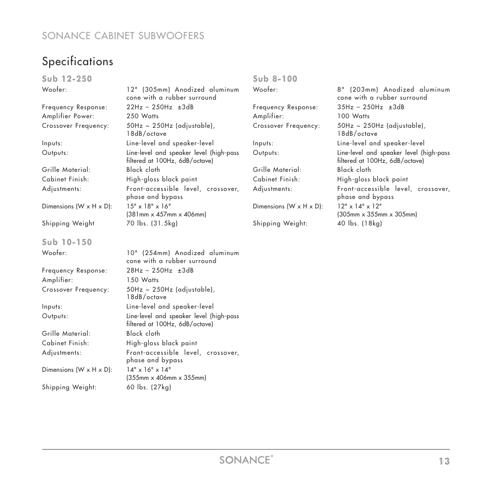 Specifications, 13 sonance cabinet subwoofers, Sub 8-100 | Sonance Sub 12-250 User Manual | Page 13 / 20