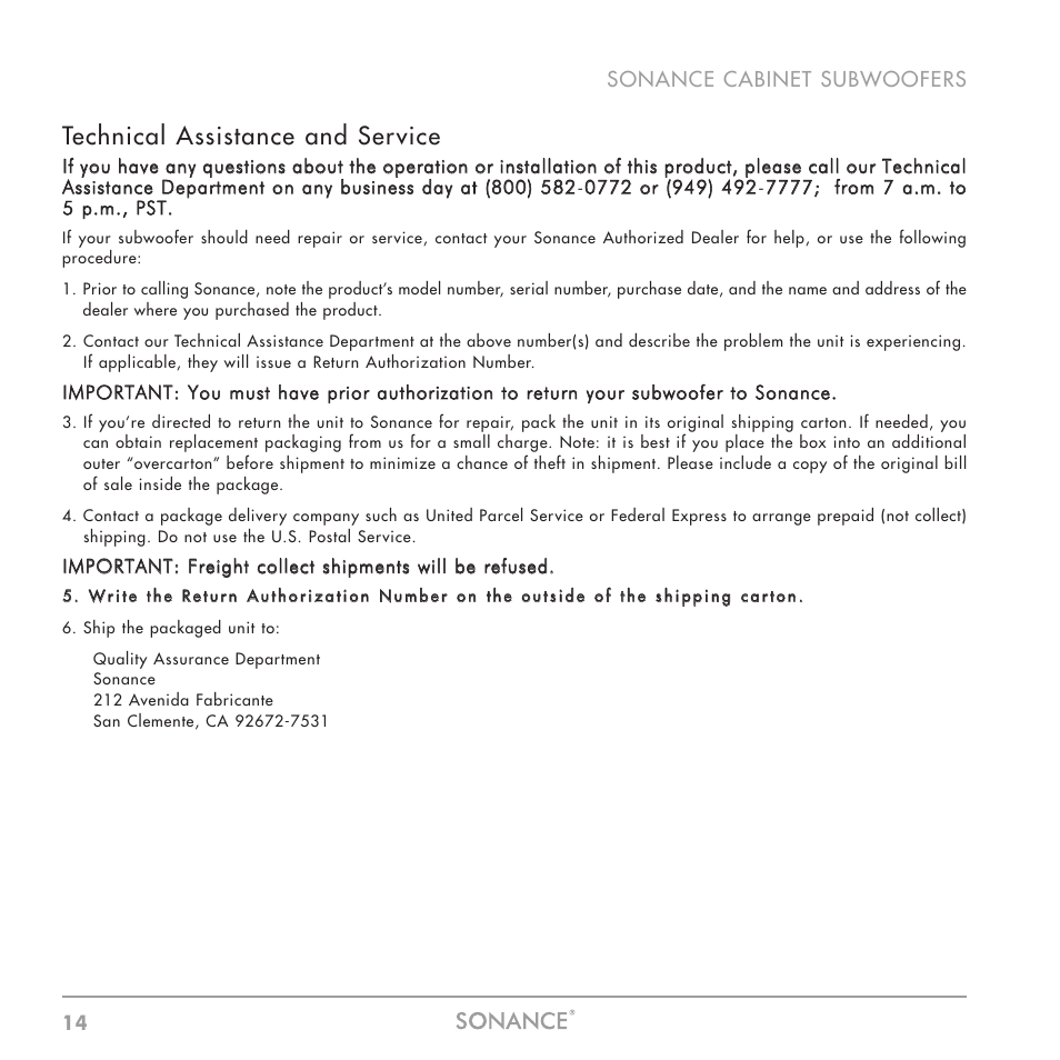 Technical assistance and service | Sonance Sub 12-250 User Manual | Page 14 / 20