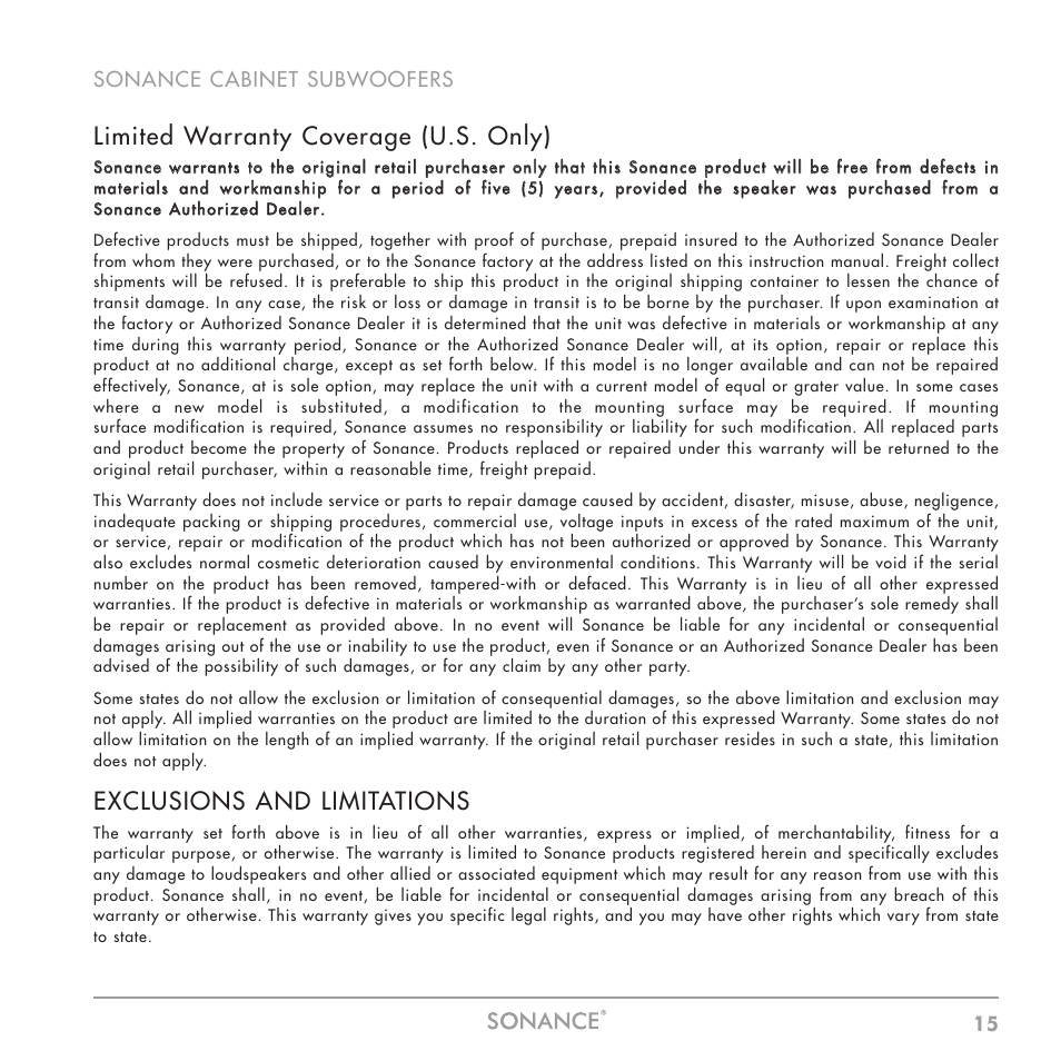 Limited warranty coverage (u.s. only), Exclusions and limitations | Sonance Sub 12-250 User Manual | Page 15 / 20