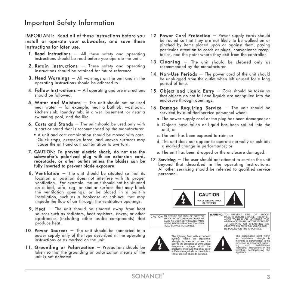 Important safety information | Sonance Sub 12-250 User Manual | Page 3 / 20