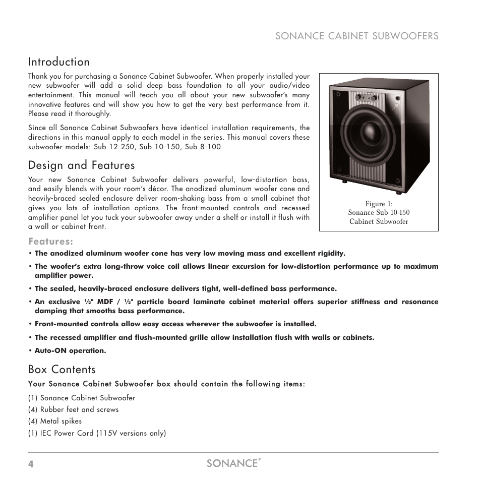 Introduction, Design and features, Box contents | Sonance Sub 12-250 User Manual | Page 4 / 20