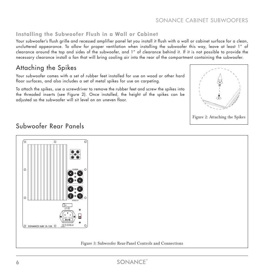 Attaching the spikes, Subwoofer rear panels | Sonance Sub 12-250 User Manual | Page 6 / 20