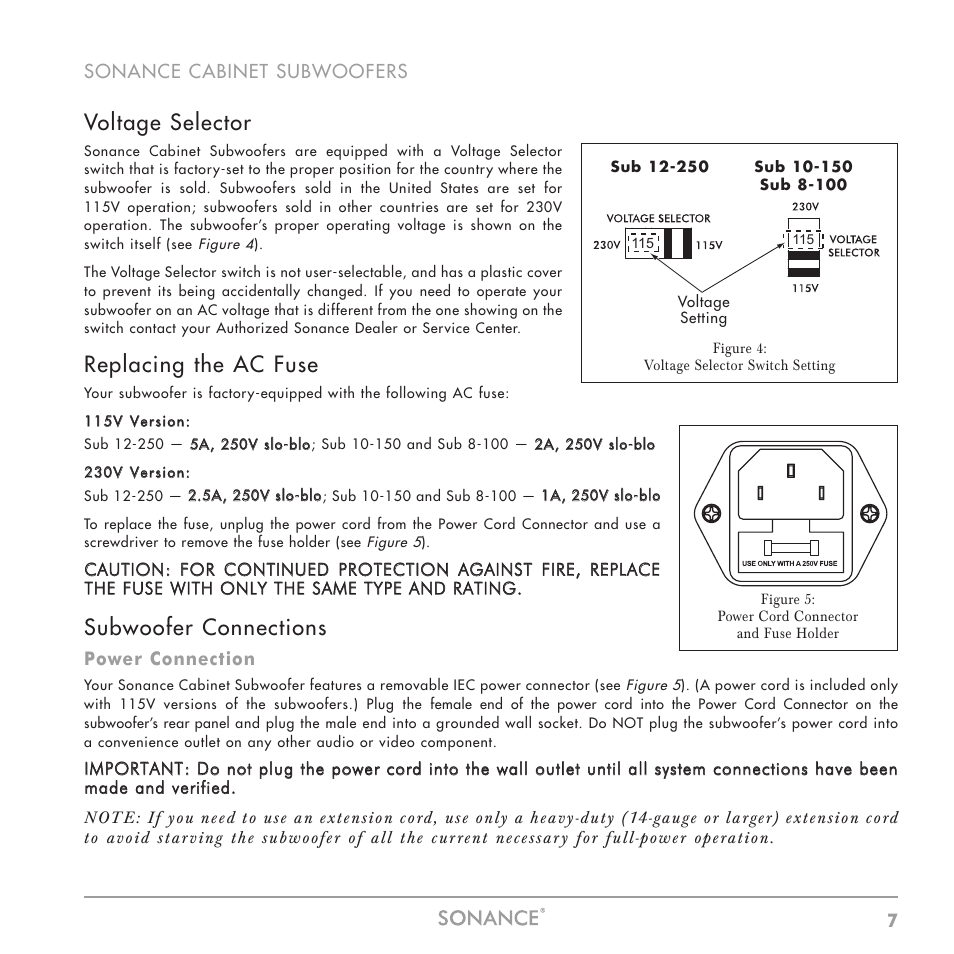 Voltage selector, Replacing the ac fuse, Subwoofer connections | Sonance Sub 12-250 User Manual | Page 7 / 20