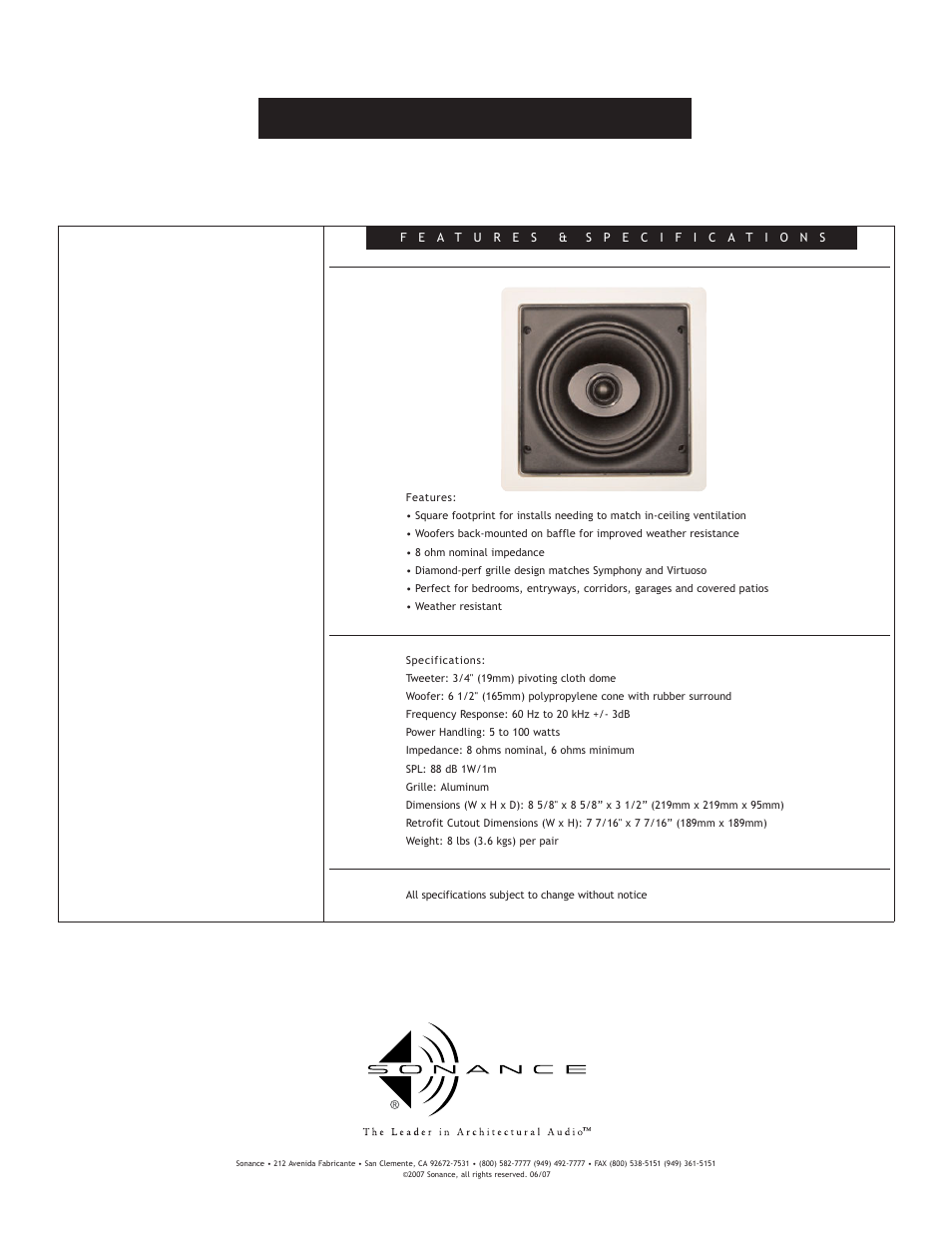 Sonance C201SQ User Manual | 1 page