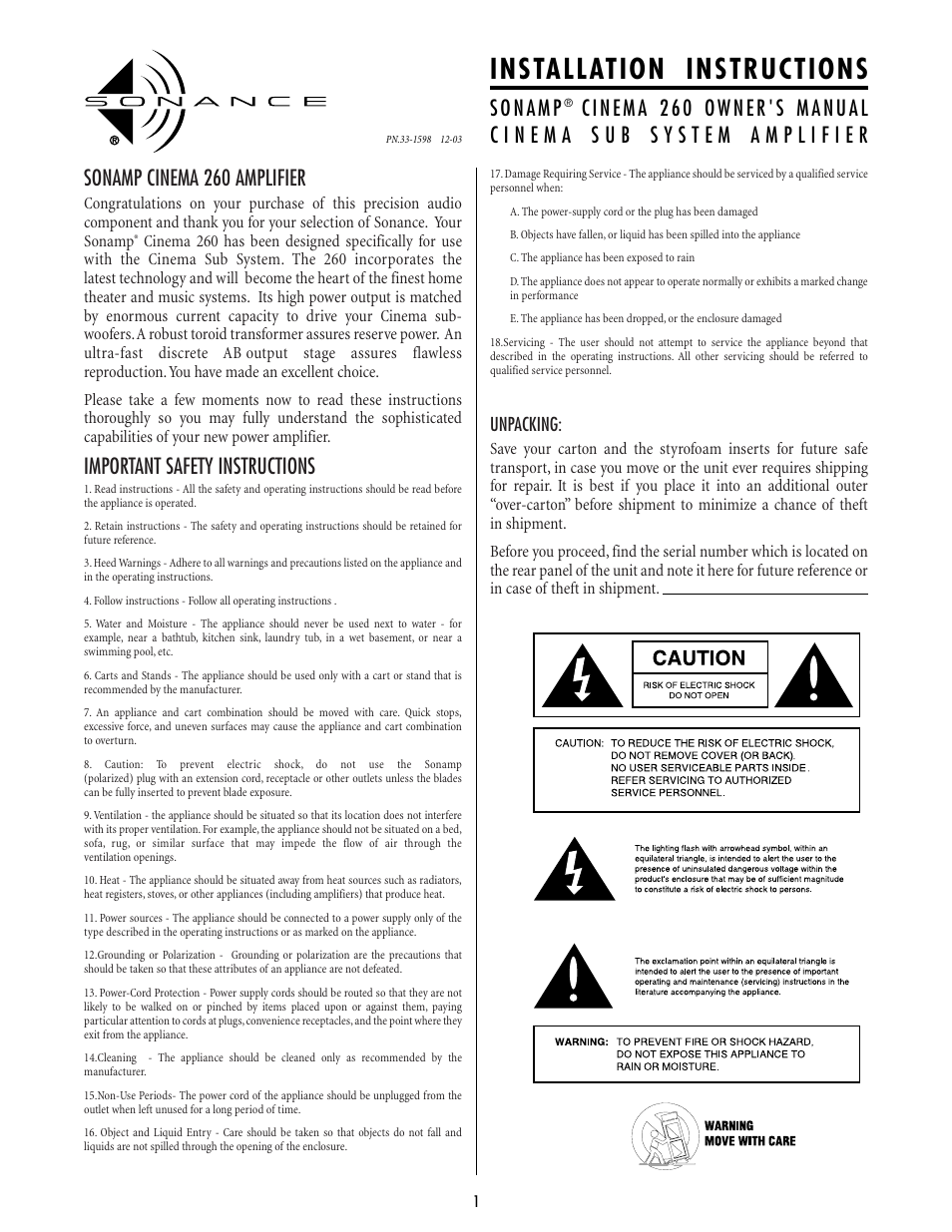 Sonance CINEMA 260 User Manual | 4 pages