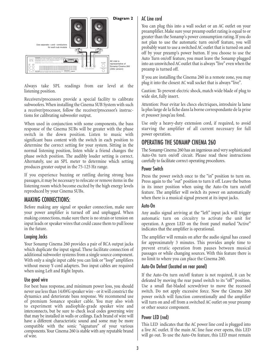 Making connections, Operating the sonamp cinema 260, Looping jacks | Use good wire, Ac line cord, Power switch, Auto-on, Auto-on defeat (located on rear panel), Power led (red), Debrancher avant de remplacer le fusible | Sonance CINEMA 260 User Manual | Page 3 / 4