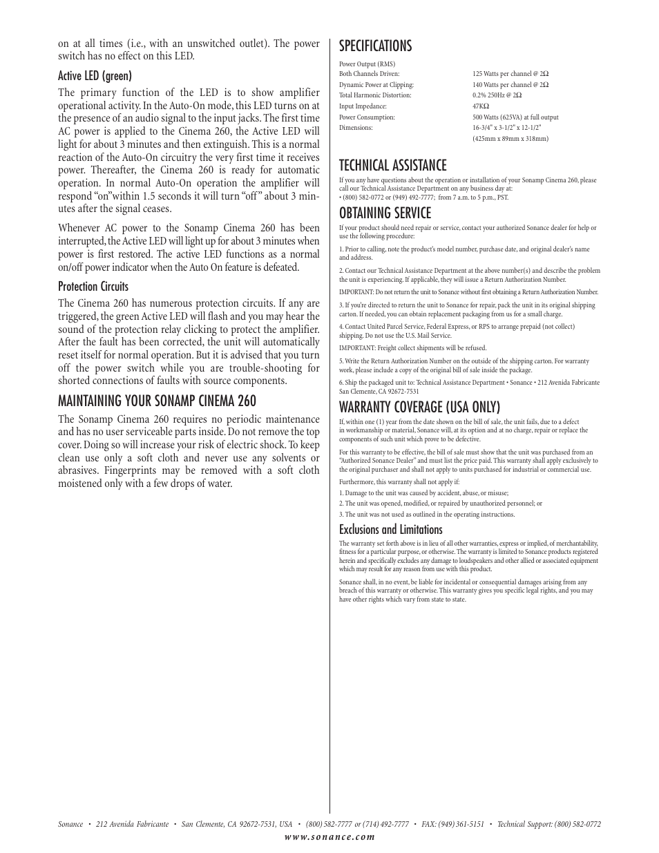 Maintaining your sonamp cinema 260, Specifications, Technical assistance | Obtaining service, Warranty coverage (usa only), Active led (green), Protection circuits, Exclusions and limitations | Sonance CINEMA 260 User Manual | Page 4 / 4
