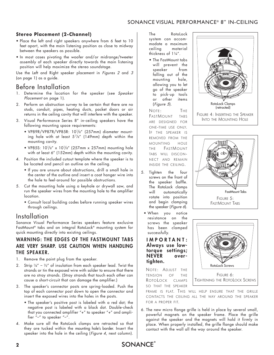 Before installation, Installation, Sonance visual performance | 8” in-ceiling, Stereo placement (2-channel) | Sonance Visual Performance VP85S User Manual | Page 2 / 4