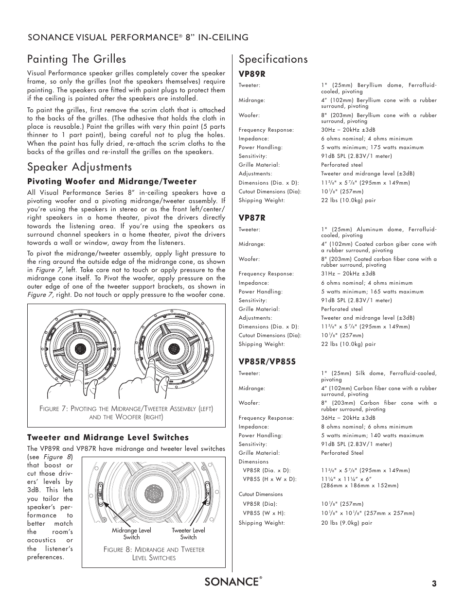 Painting the grilles, Speaker adjustments, Specifications | Sonance visual performance, 8” in-ceiling, Pivoting woofer and midrange/tweeter, Tweeter and midrange level switches, Vp89r, Vp87r, Vp85r/vp85s | Sonance Visual Performance VP85S User Manual | Page 3 / 4