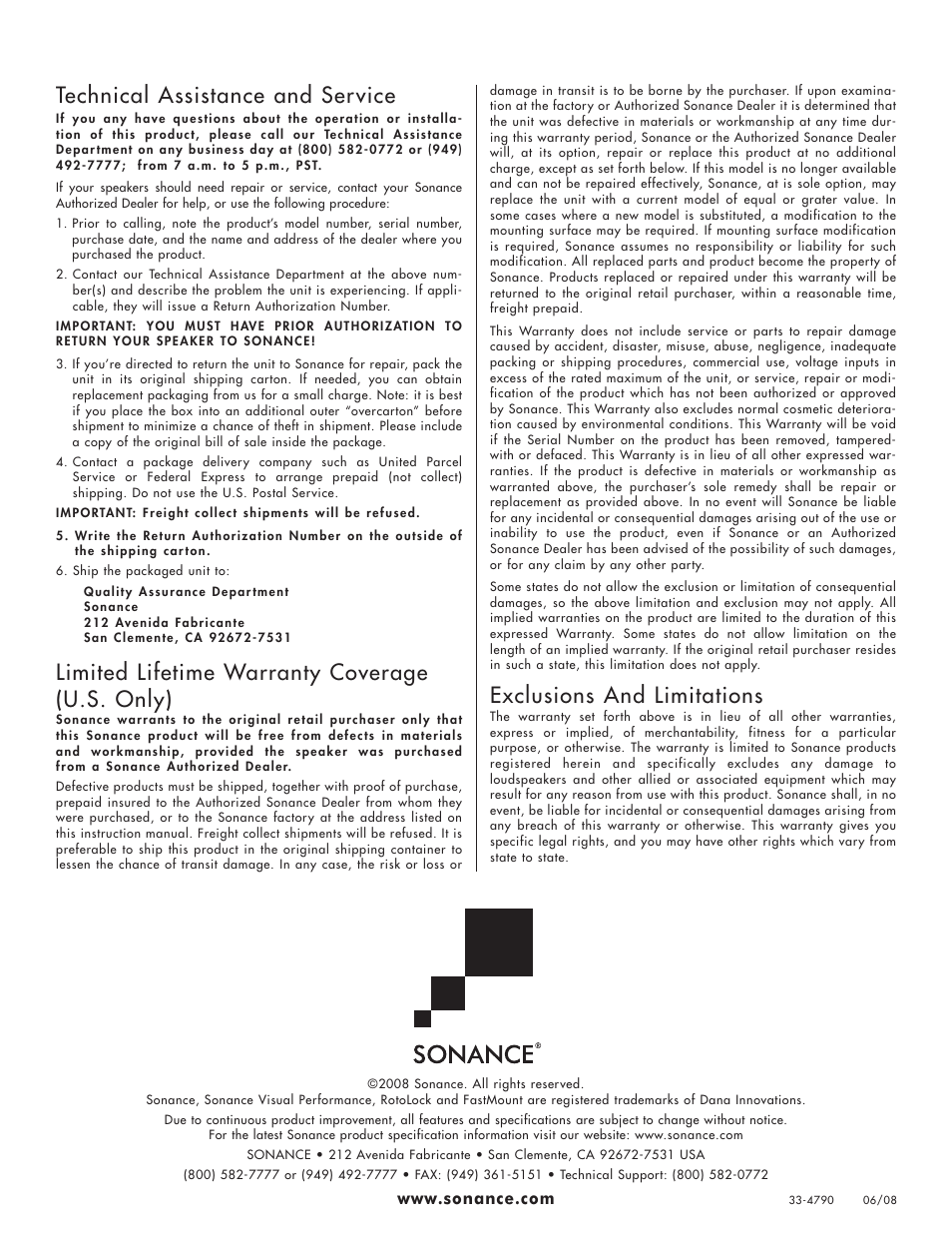 Technical assistance and service, Limited lifetime warranty coverage (u.s. only), Exclusions and limitations | Sonance Visual Performance VP85S User Manual | Page 4 / 4