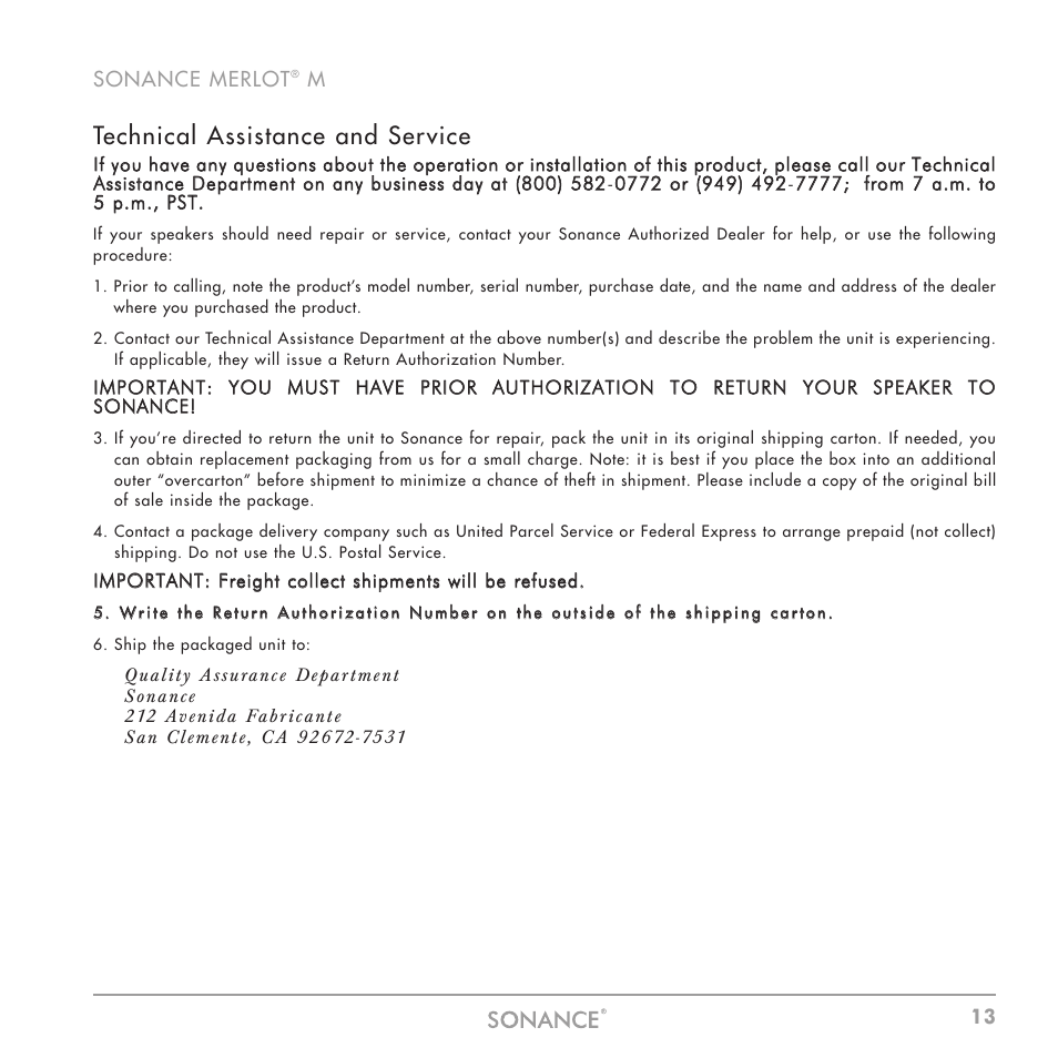 Technical assistance and service | Sonance M Series User Manual | Page 13 / 16