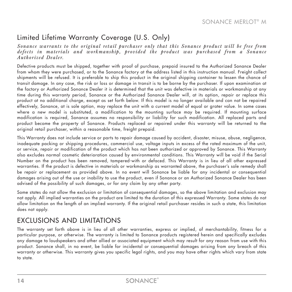 Limited lifetime warranty coverage (u.s. only), Exclusions and limitations | Sonance M Series User Manual | Page 14 / 16