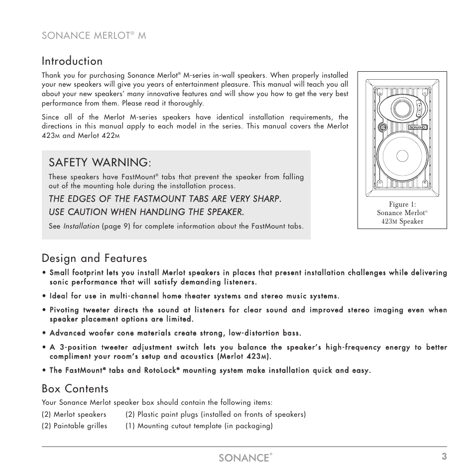 Introduction, Design and features, Box contents | Safety warning, Sonance merlot | Sonance M Series User Manual | Page 3 / 16