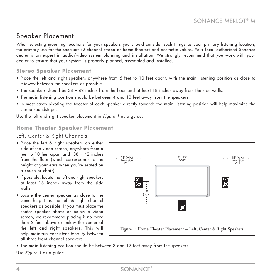 Speaker placement, 4sonance merlot, Stereo speaker placement | Sonance M Series User Manual | Page 4 / 16