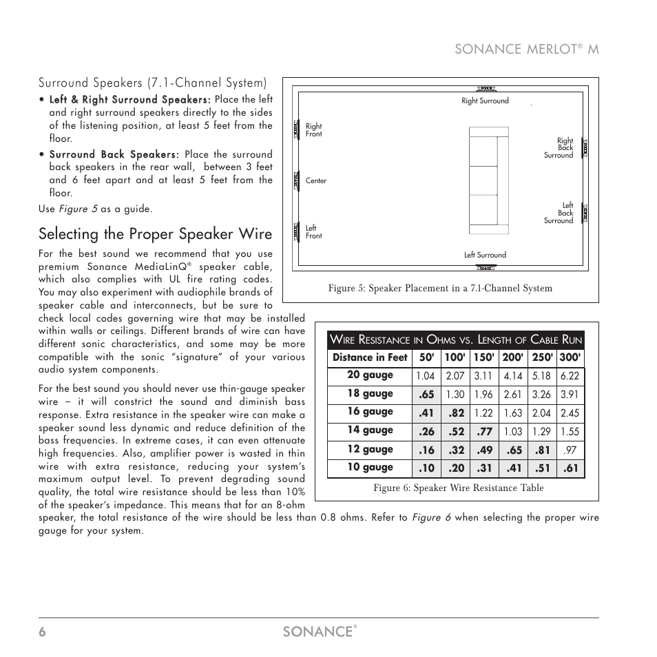Selecting the proper speaker wire, 6sonance merlot, Msurround speakers (7.1-channel system) | Sonance M Series User Manual | Page 6 / 16
