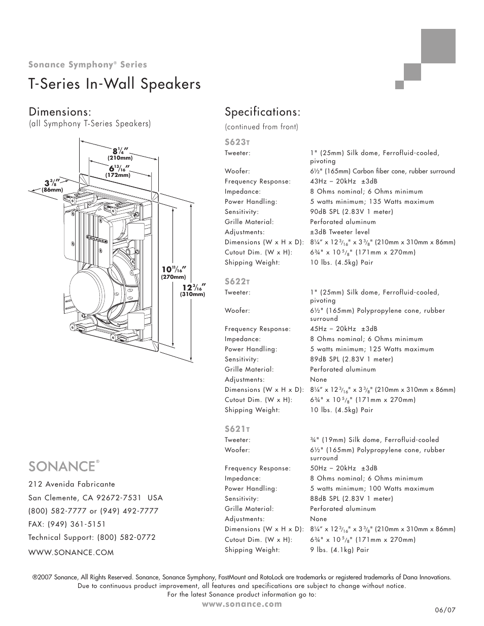 T-series in-wall speakers, Specifications, Dimensions | S623, S622, S621, All symphony t-series speakers) sonance symphony, Series | Sonance S625T User Manual | Page 2 / 2