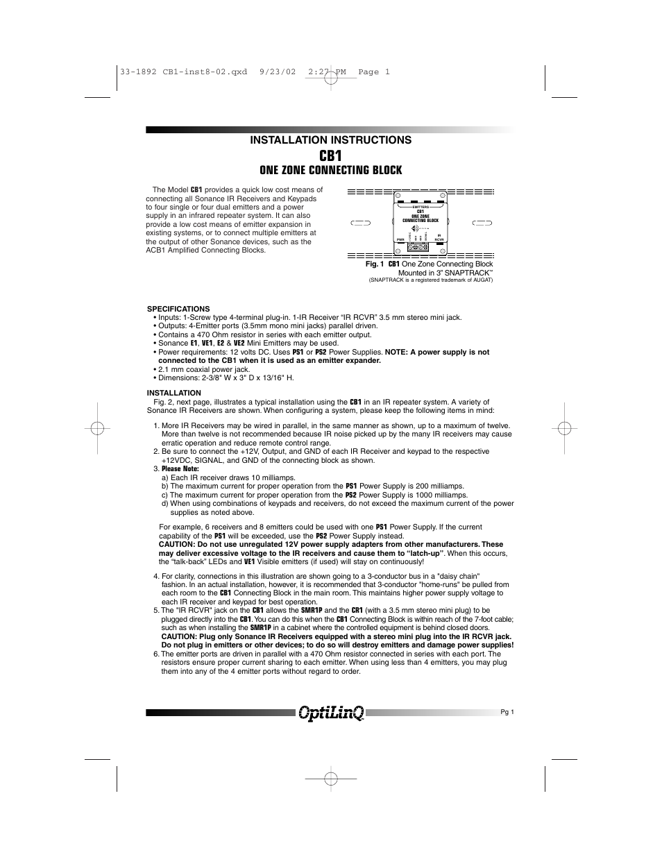 Sonance One Zone Connecting Block CB1 User Manual | 2 pages