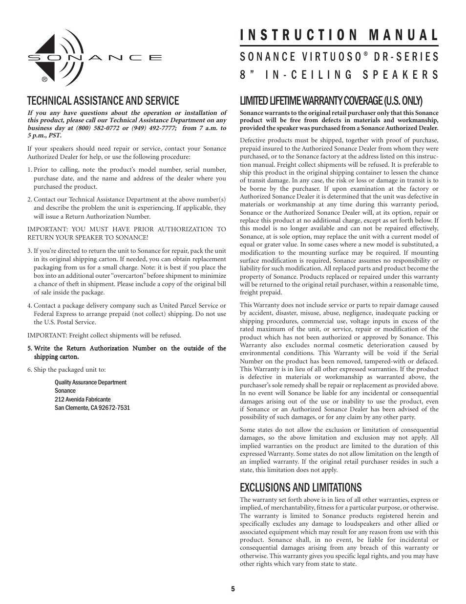 Technical assistance and service, Limited lifetime warranty coverage (u.s. only), Exclusions and limitations | Sonance DR-series User Manual | Page 5 / 6