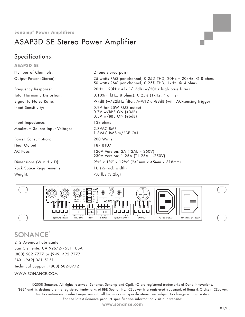Asap3d se stereo power amplifier, Specifications | Sonance ASAP3D User Manual | Page 2 / 2