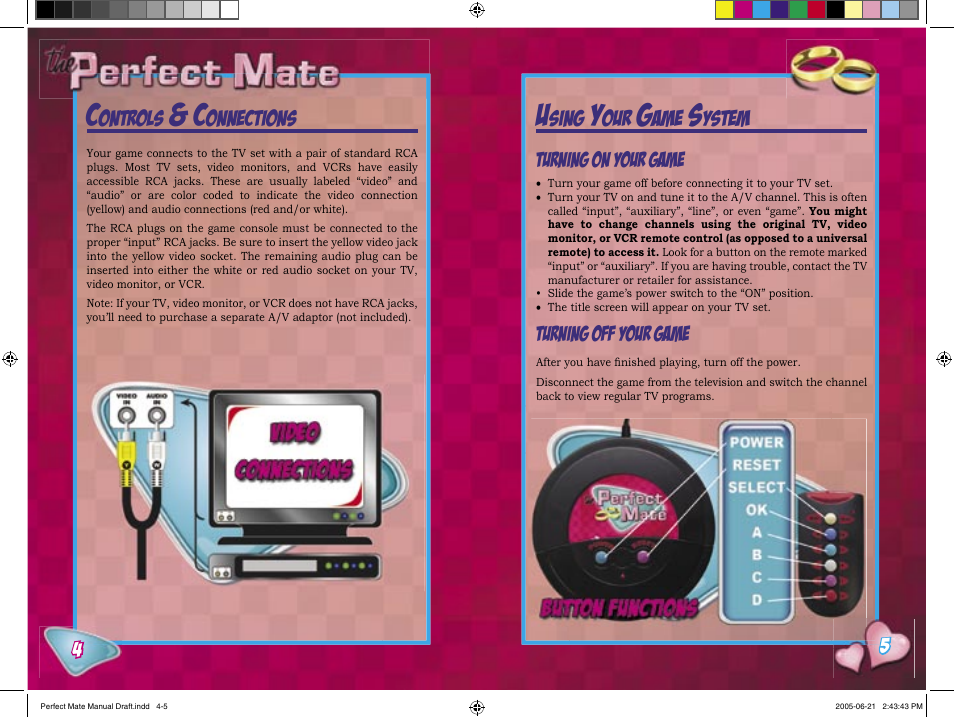 Ontrols, Onnections, Sing | Ystem, Turning on your game, Turning off your game | Senario The Perfect Mate 20986 User Manual | Page 3 / 9