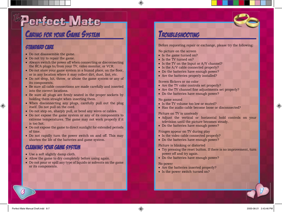 Aring, Your, Ystem | Roubleshooting, Standard care, Cleaning your game system | Senario The Perfect Mate 20986 User Manual | Page 4 / 9
