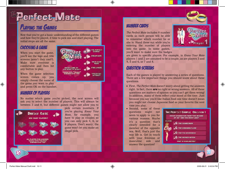 Laying, Ames, Choosing a game | Number of players, Number cards, Question screens | Senario The Perfect Mate 20986 User Manual | Page 6 / 9