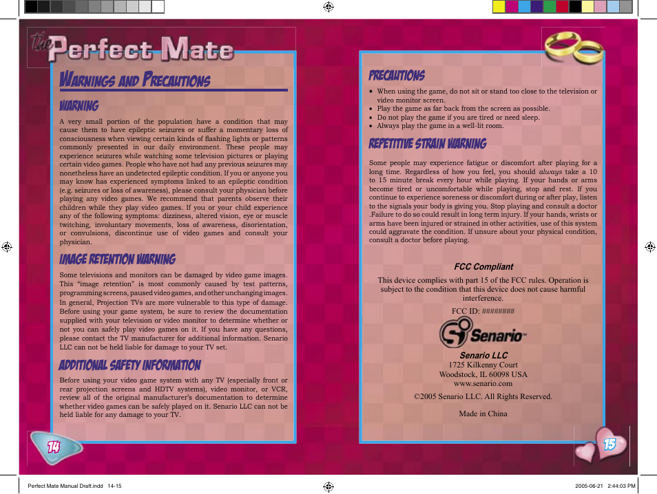 Arnings, Recautions, Warning | Image retention warning, Additional safety information, Precautions, Repetitive strain warning | Senario The Perfect Mate 20986 User Manual | Page 8 / 9